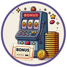 I bilden syns vanliga typer av casino bonusar utan omsättningskrav: En spelautomat med free spins, en stapel med mynt som kan användas som spelpengar samt en biljett man kan betala insatsen med.