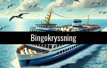 Ett stort kryssningsfartyg. Över bilden ligger en svart ruta med texten "bingokryssning"